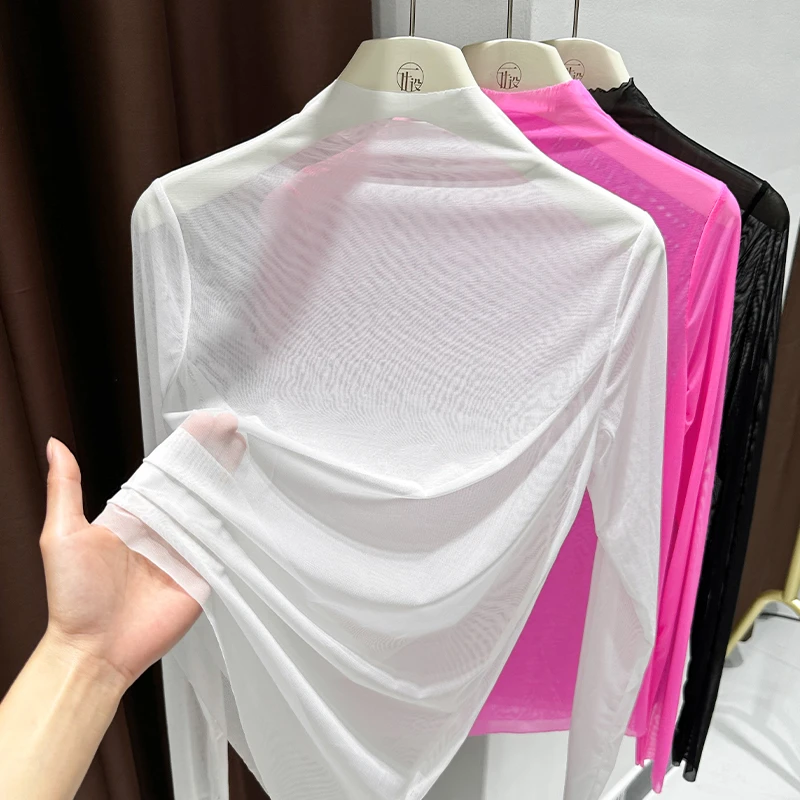 白色透视款长袖修身T恤打底衫女内搭半高领薄款网纱冰丝正肩上衣