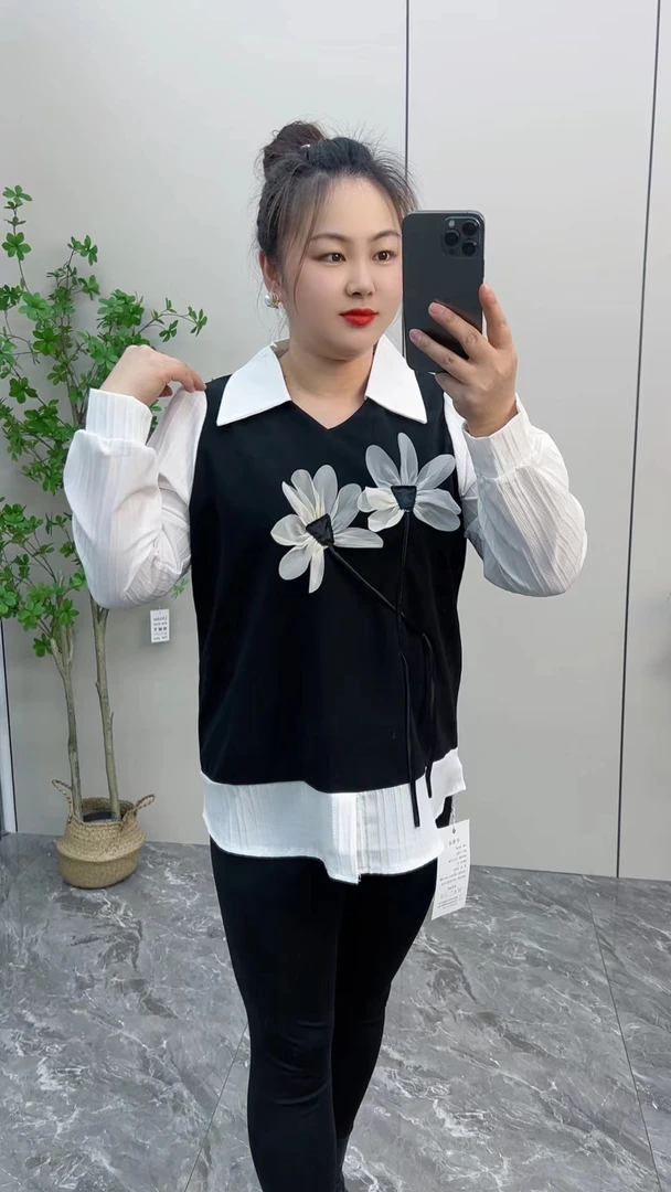 大码女装2025秋季新款洋气拼接假俩件胖妹妹显瘦遮肉百搭衬衫女