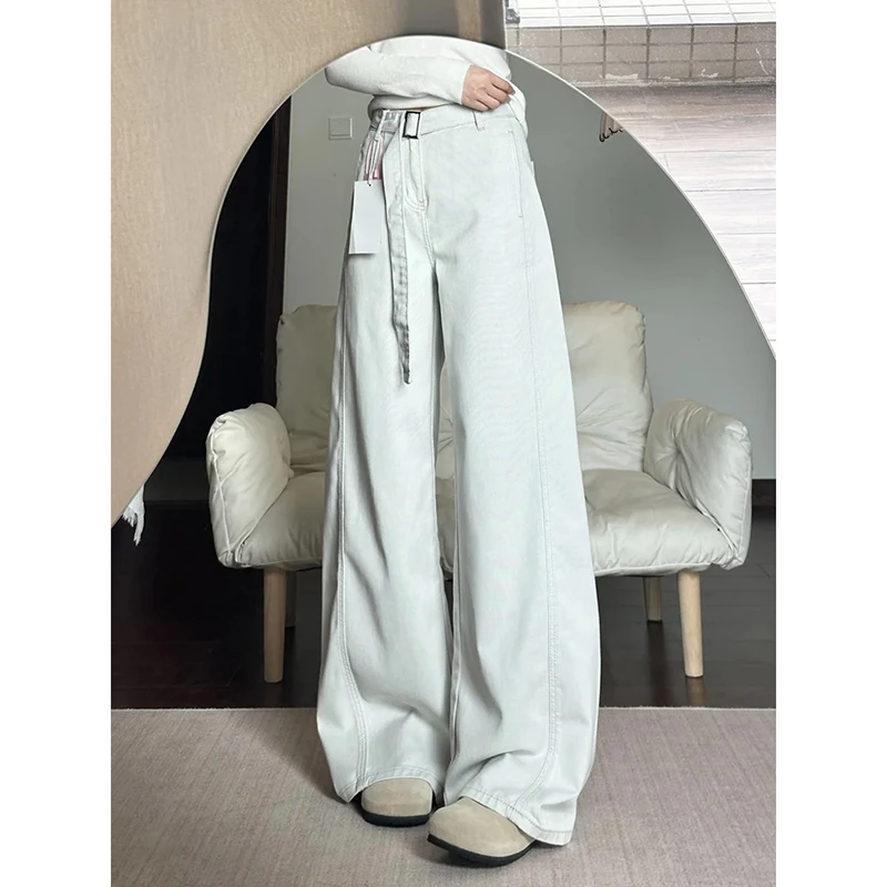 大码复古浅色水洗阔腿牛仔裤女夏季新款高腰慵懒垂感直筒拖地裤子