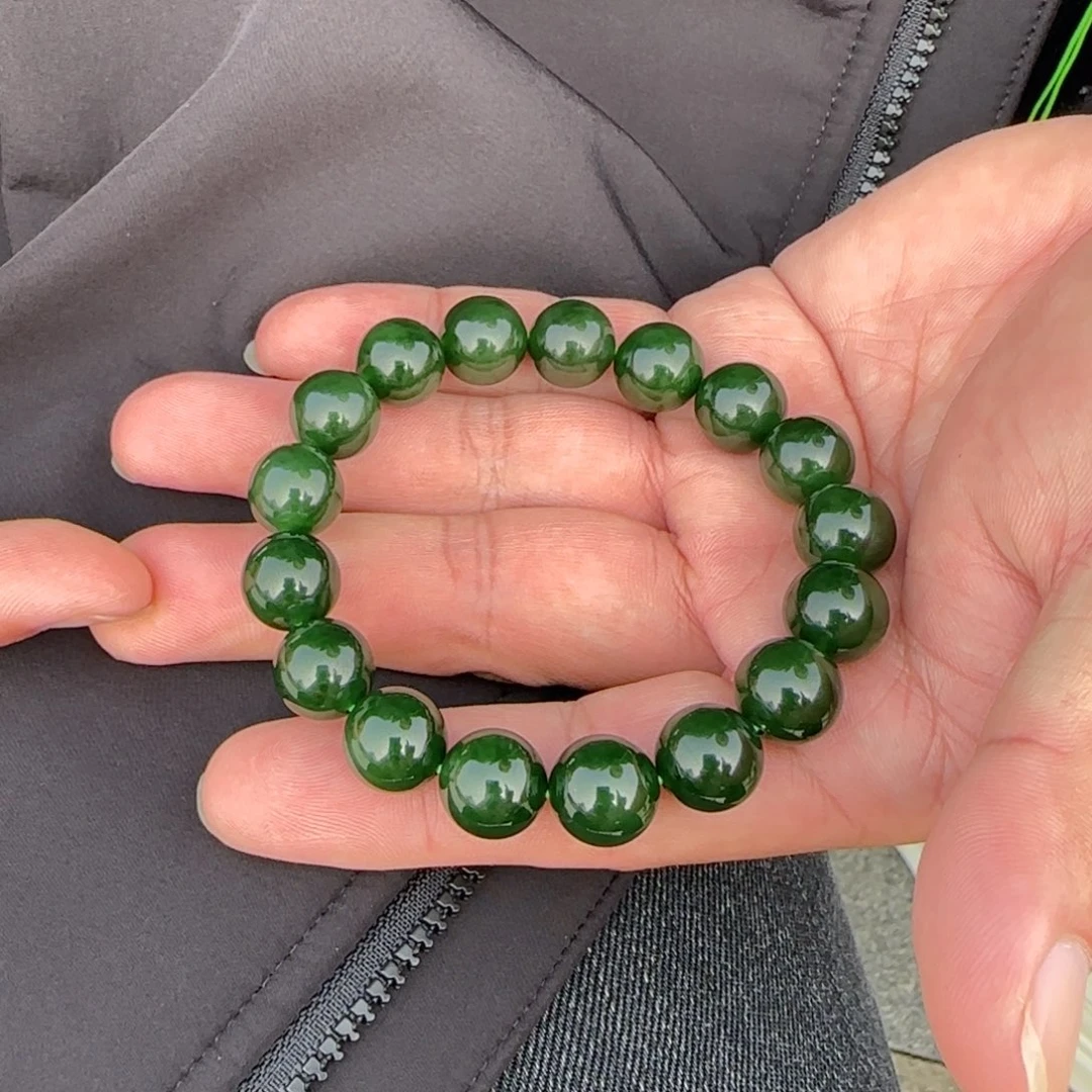 祝***余和田玉未镶嵌手链俄碧纯天然老料辣绿卡12