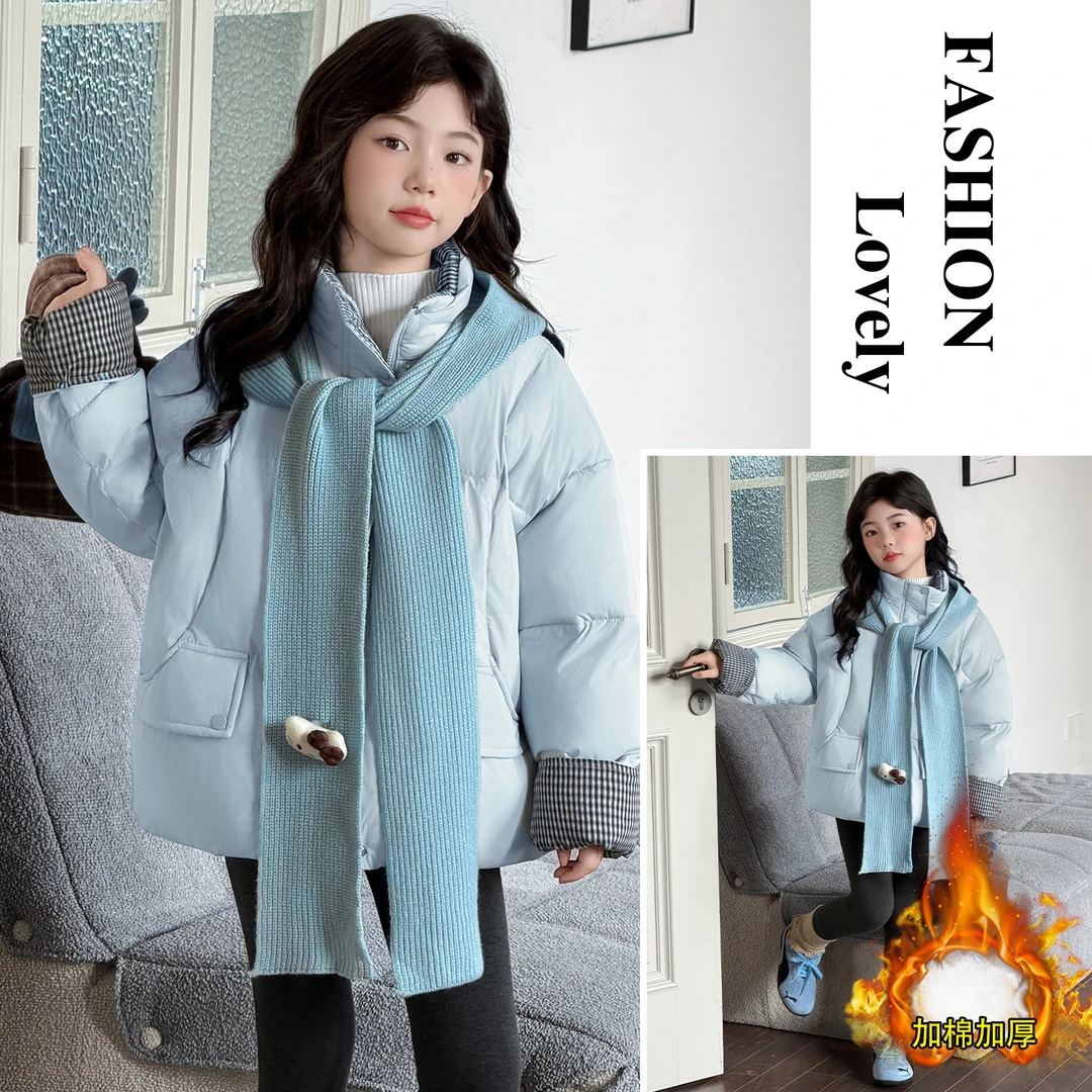 B类韩系厚款休闲风翻领棉服棉袄中长款宝宝女童短款加厚韩版百搭