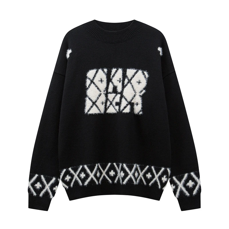 美式复古休闲潮流民族纹提花套头圆领毛衣欧美中性风毛绒针织衫