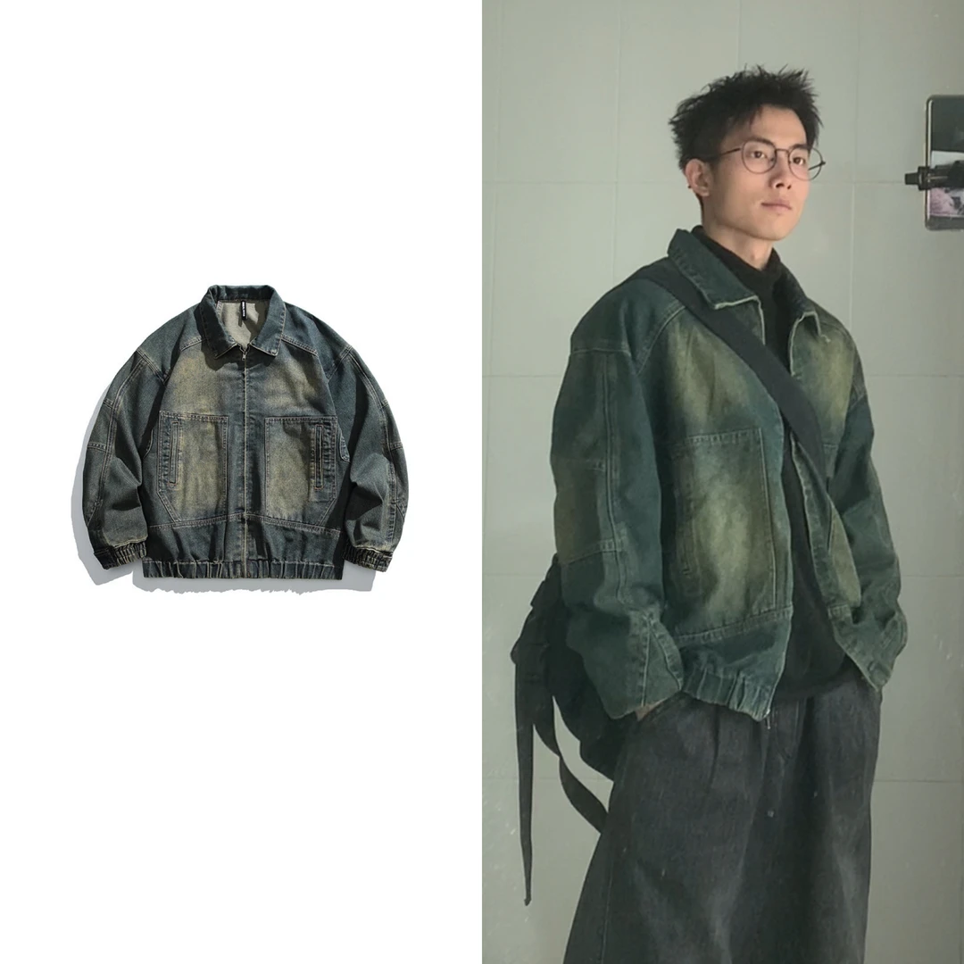 黑子舞想日系复古水洗做旧拼接牛仔夹克男春新款痞帅情侣款工装潮
