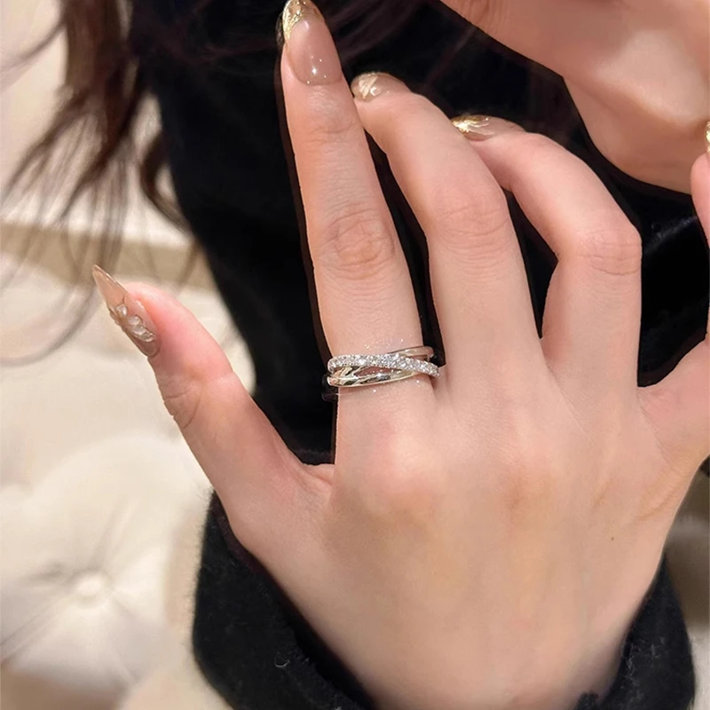 铜合金戒指 中古三圈交叉镶嵌排钻戒指小众设计简约高级感食指戒