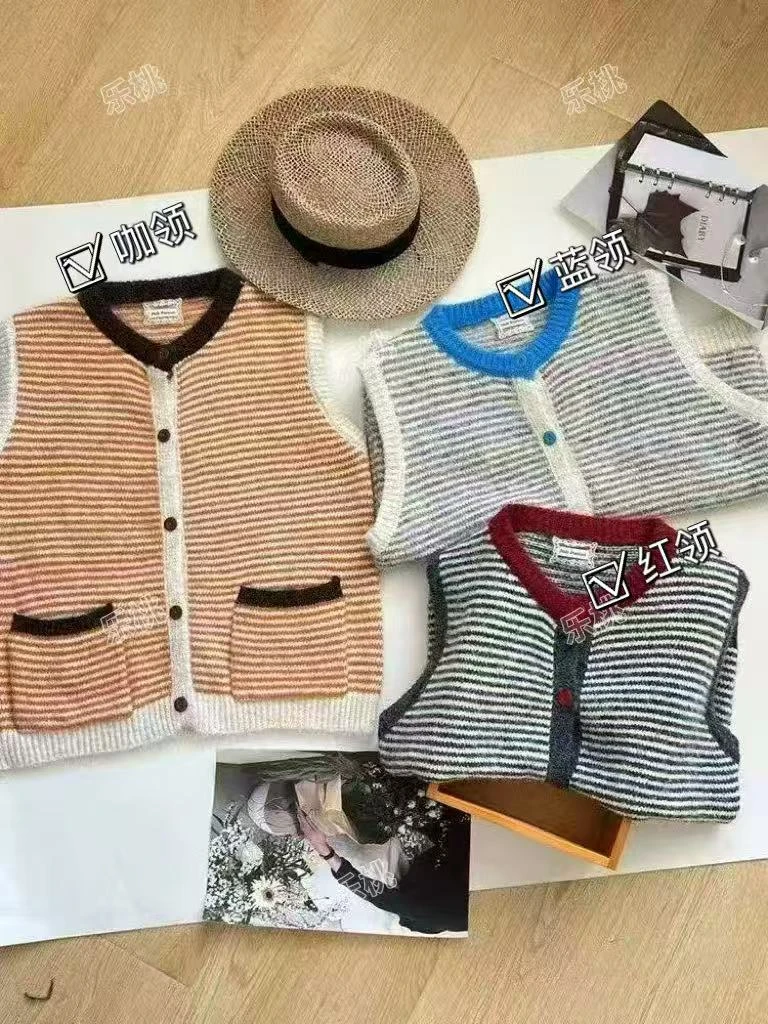 W-秋冬韩系撞色条纹圆领女毛针织马甲背心#89619『乐桃家』