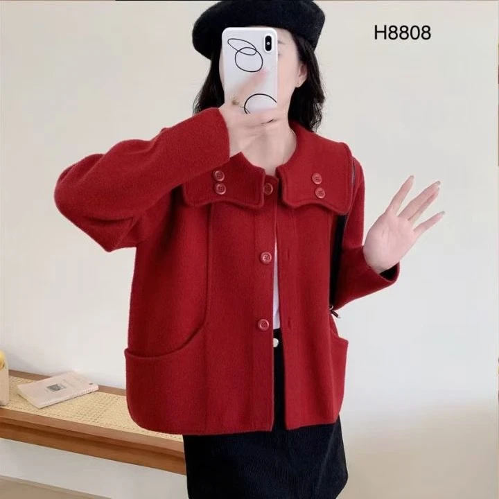海军领双面泥绒大衣女2025年新款短款小香风高端小个子毛呢短外套