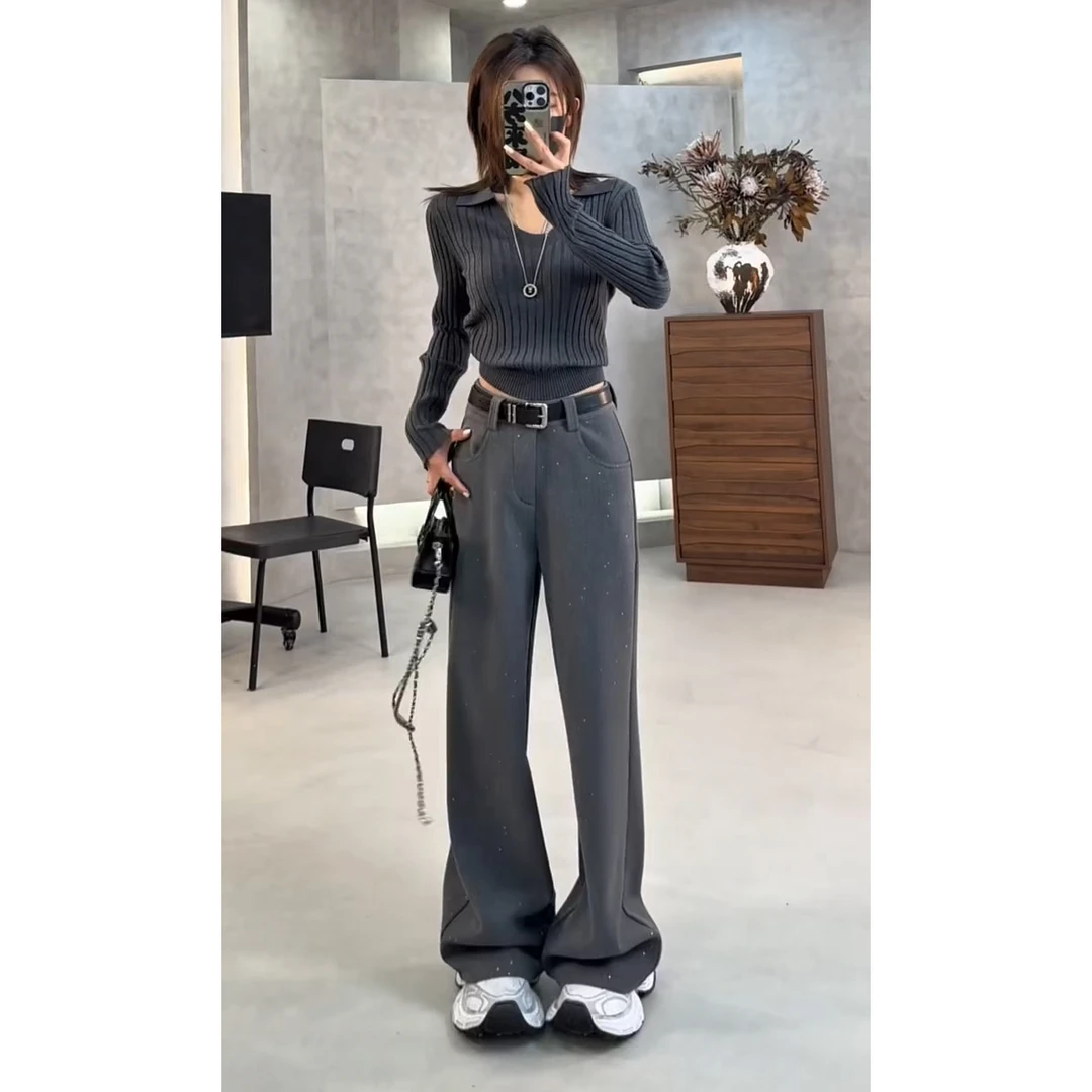 加厚加绒亮片西装直筒休闲裤女2025冬季高腰垂感百搭通勤弯刀长裤