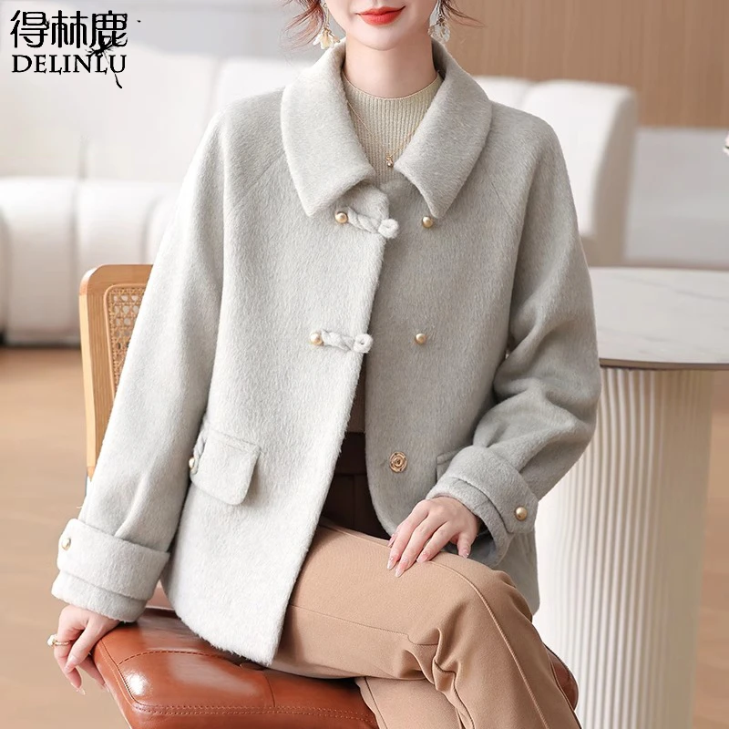 妈妈春装毛呢外套短款女2025新款中老年秋冬时尚翻领气质呢子大衣
