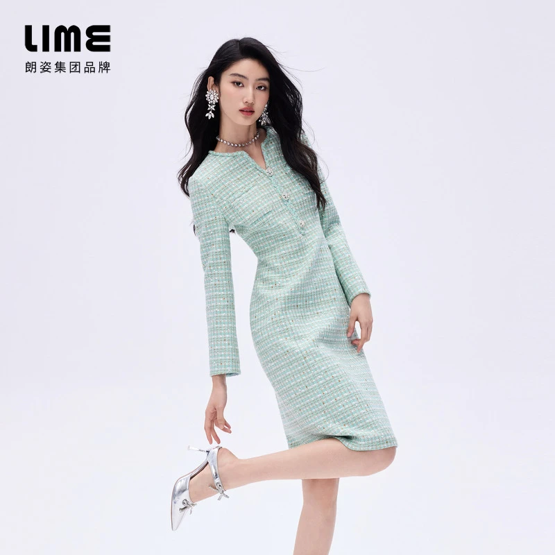 LIME/莱茵【春绮漫舞】复古粗花呢钻石V领连衣裙LDHADACOP802