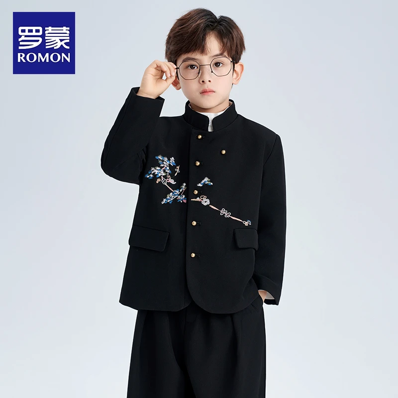 Romon/罗蒙儿童新中式西装套装男童唐装礼服国风复古中山装演出服