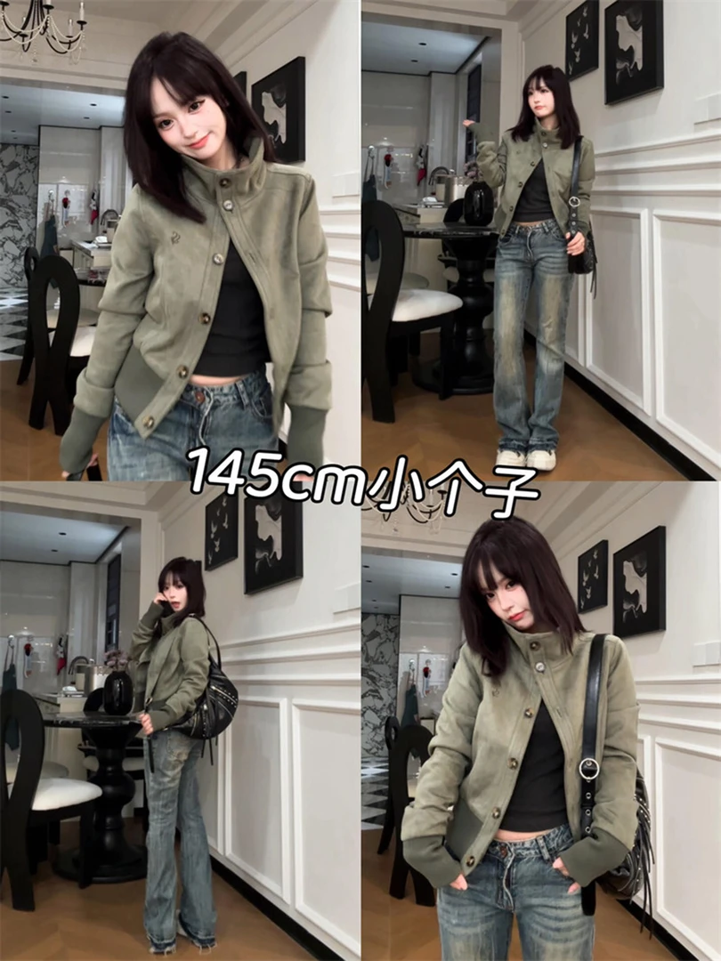 美式复古绿色修身短款开衫麂皮立领外套女春秋高级感收腰夹克上衣