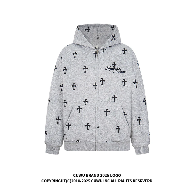 cuwu美式复古满印十字架连帽卫衣外套女男秋季百搭宽松慵懒风帽衫