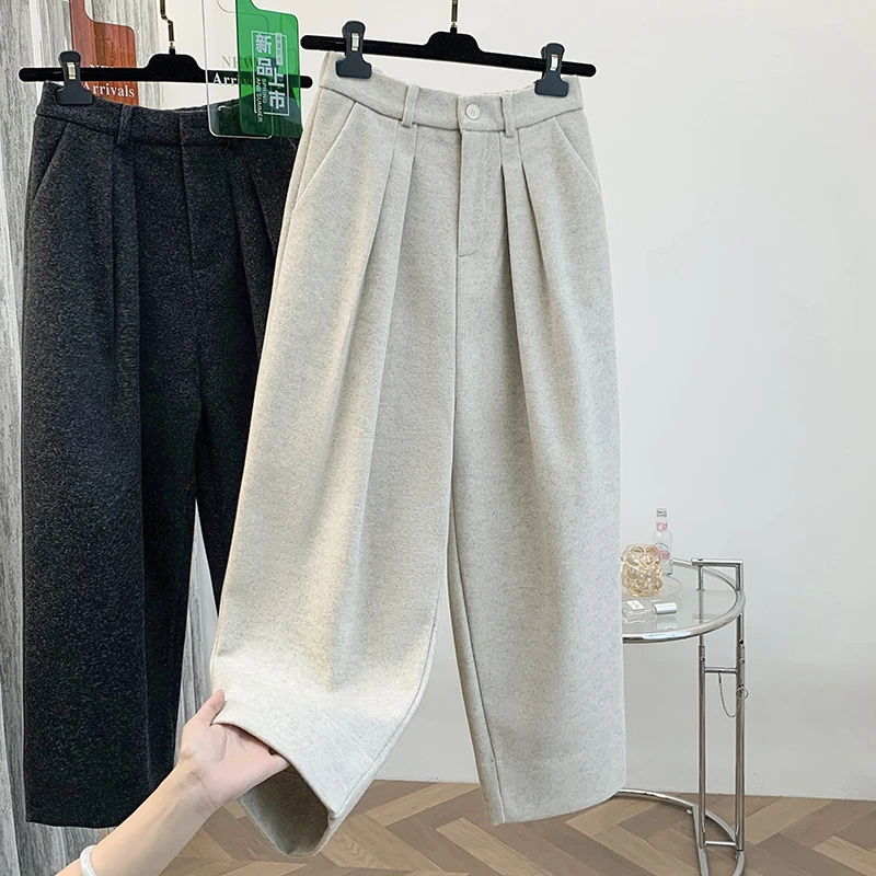 冬季时尚新款复古垂坠感气质哈伦毛呢阔腿裤九分休闲显瘦西装裤子