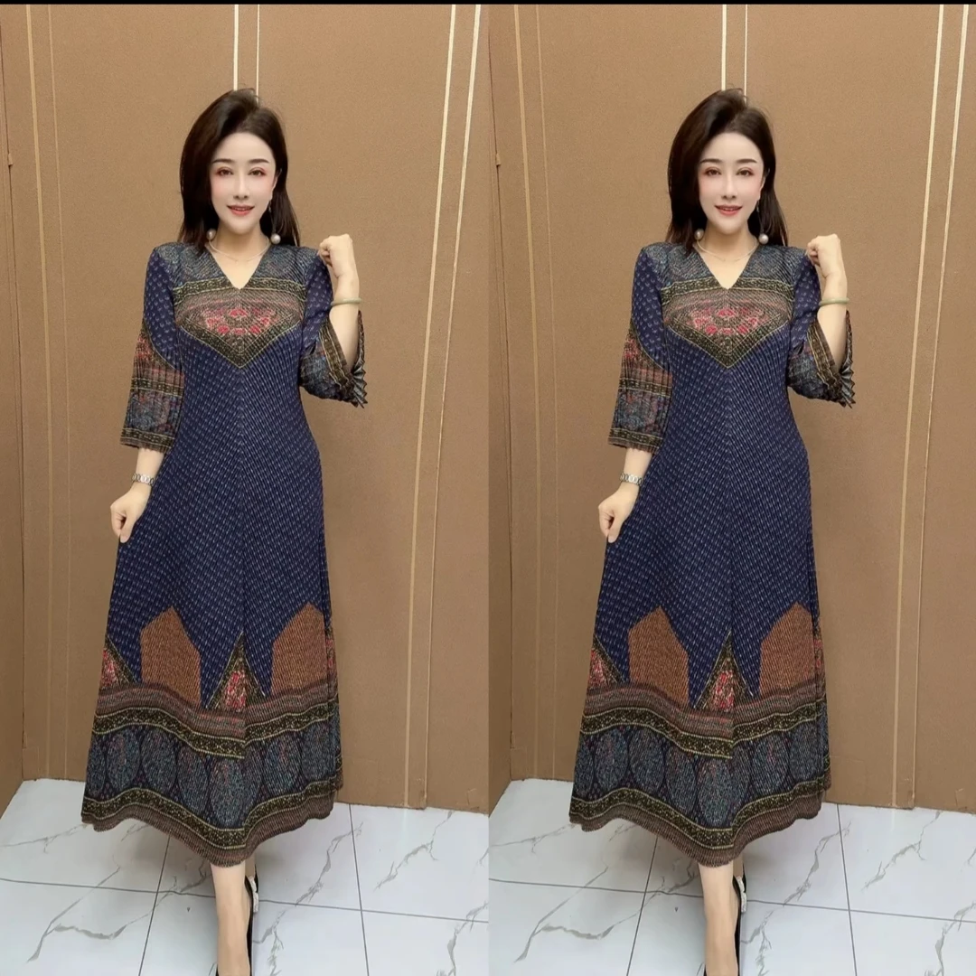 春夏中式碎花宽松复古褶皱A字连衣裙时尚洋气