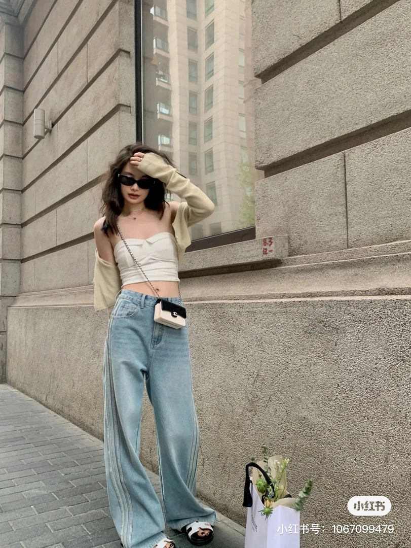 2025夏季新款宽松显瘦百搭设计感倒三角腰头条杠牛仔裤女722-2408