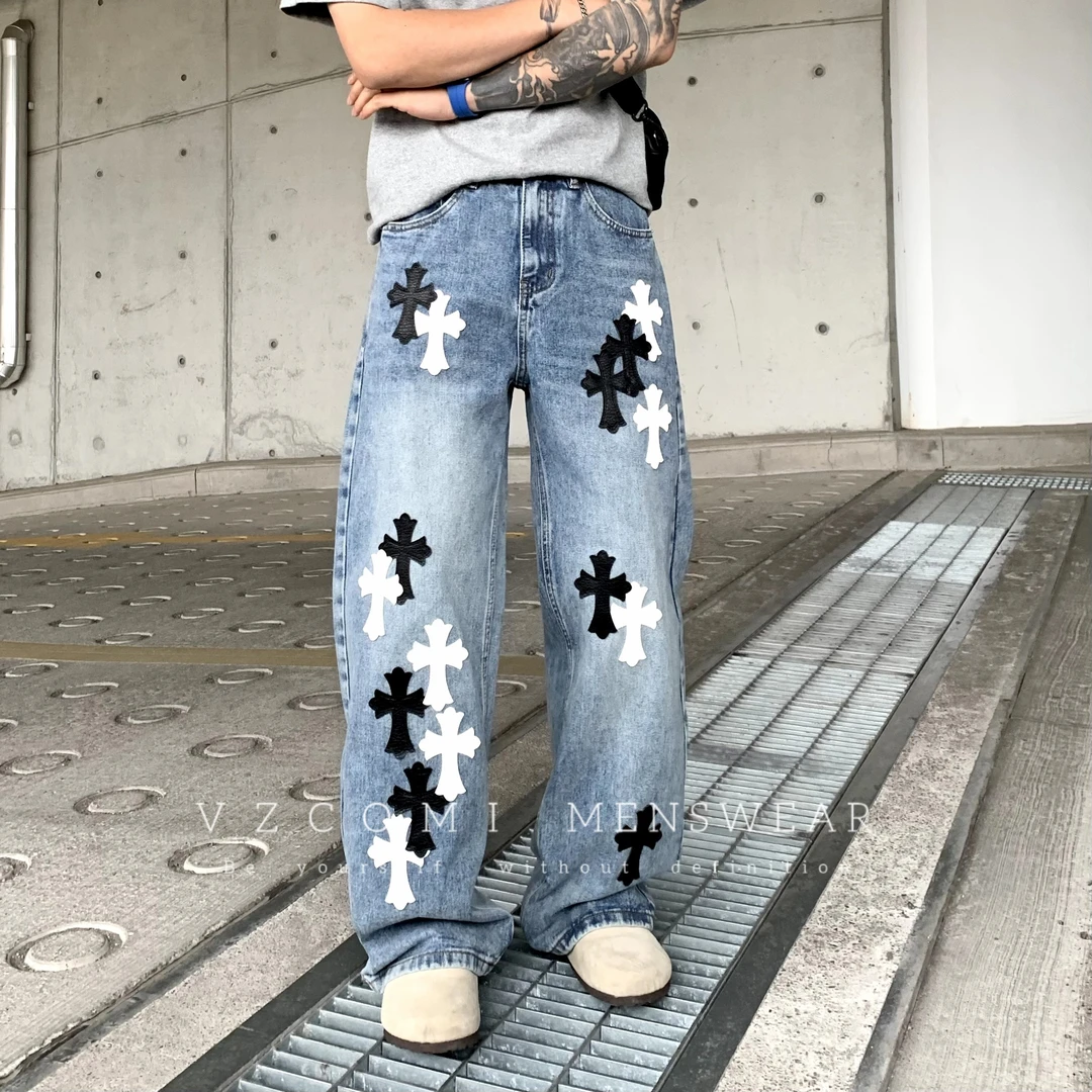 轻奢高货美式高街水洗十字架拼皮牛仔裤男女直筒裤大码潮流星罗裤