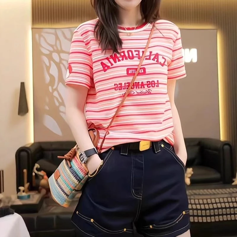 复古撞色条纹短袖T恤夏季薄款胖MM大码女装宽松字母印花洋气上衣