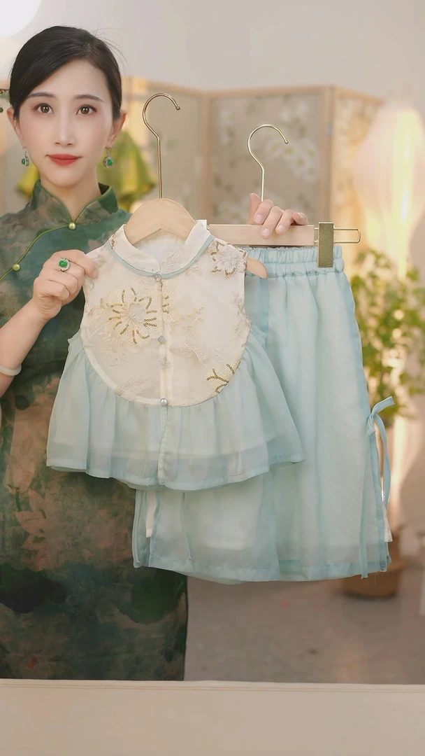 现货【水云间】SC315女童夏季刺绣2025新款上衣阔腿裤套装