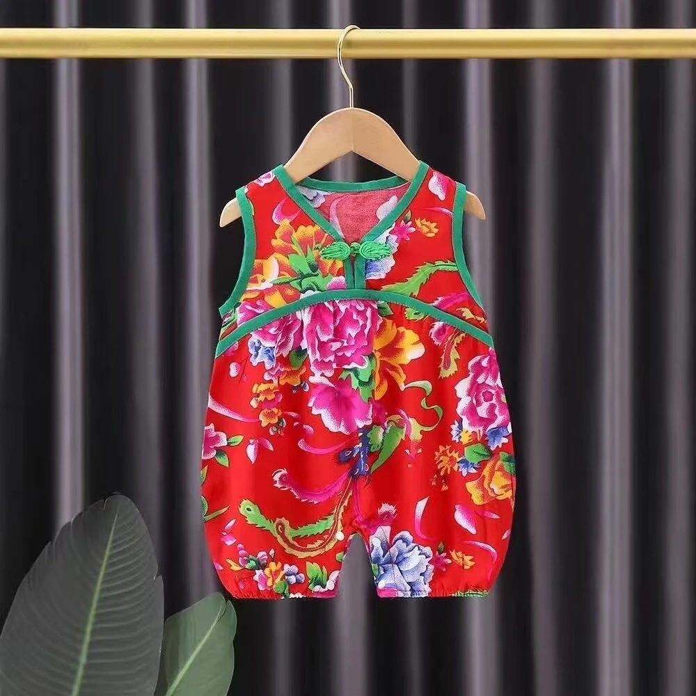 夏季婴儿东北大花连体衣男女宝宝无袖哈衣宽肩民族风薄款哈衣爬服