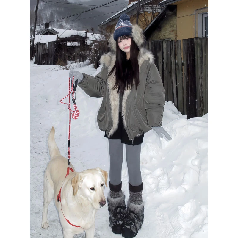 美式复古毛绒拼接巴恩风花苞派克棉服男女冬季加绒加厚座山雕外套