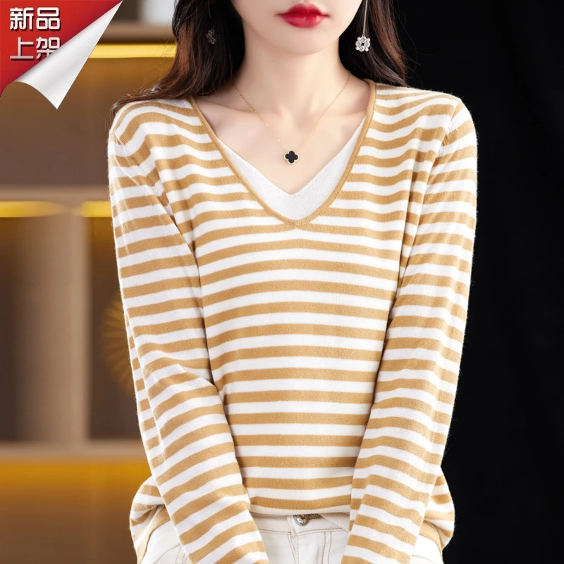 哥弟阿玛施正品秋季假两件V领拼接条纹针织衫INS风时尚长袖上衣