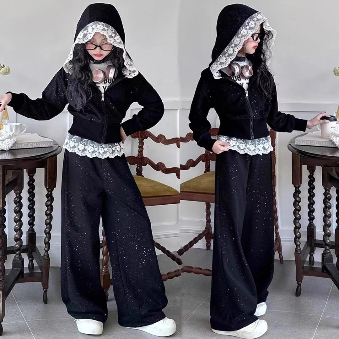 女童套装2025春款时髦女孩设计感蕾丝花边连帽外套阔腿裙裤两件套