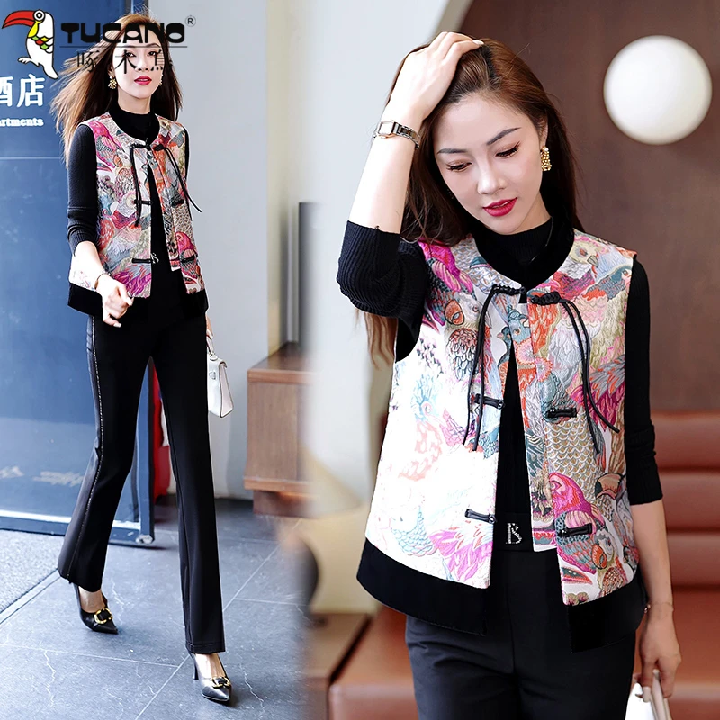 【官方品牌】啄木鳥新中式国风马甲女春秋2025新款复古刺绣坎肩马夹