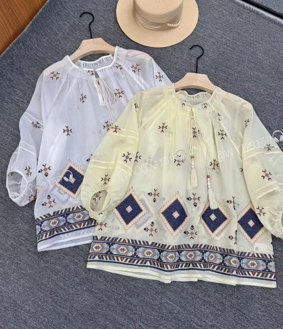 2025春夏新款欧货圆领前系带褶皱刺绣提花中袖衬衫女