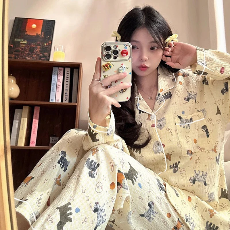 2025韩系格纹动物印花云朵棉长袖睡衣女春款套装宽松舒适感家居服