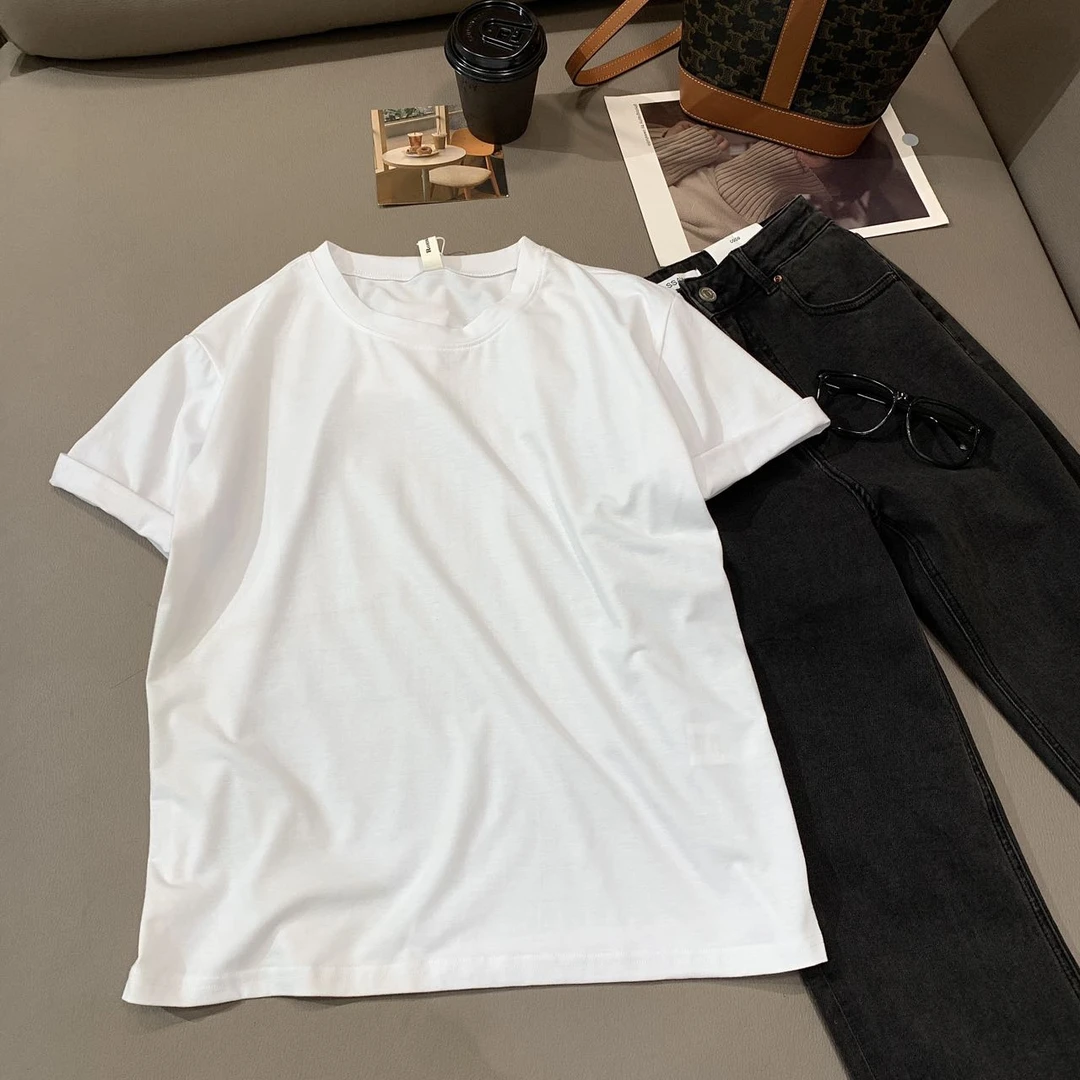 A63圆领白t恤女短袖夏季2025新款显瘦半袖宽松慵懒风大版休闲上衣