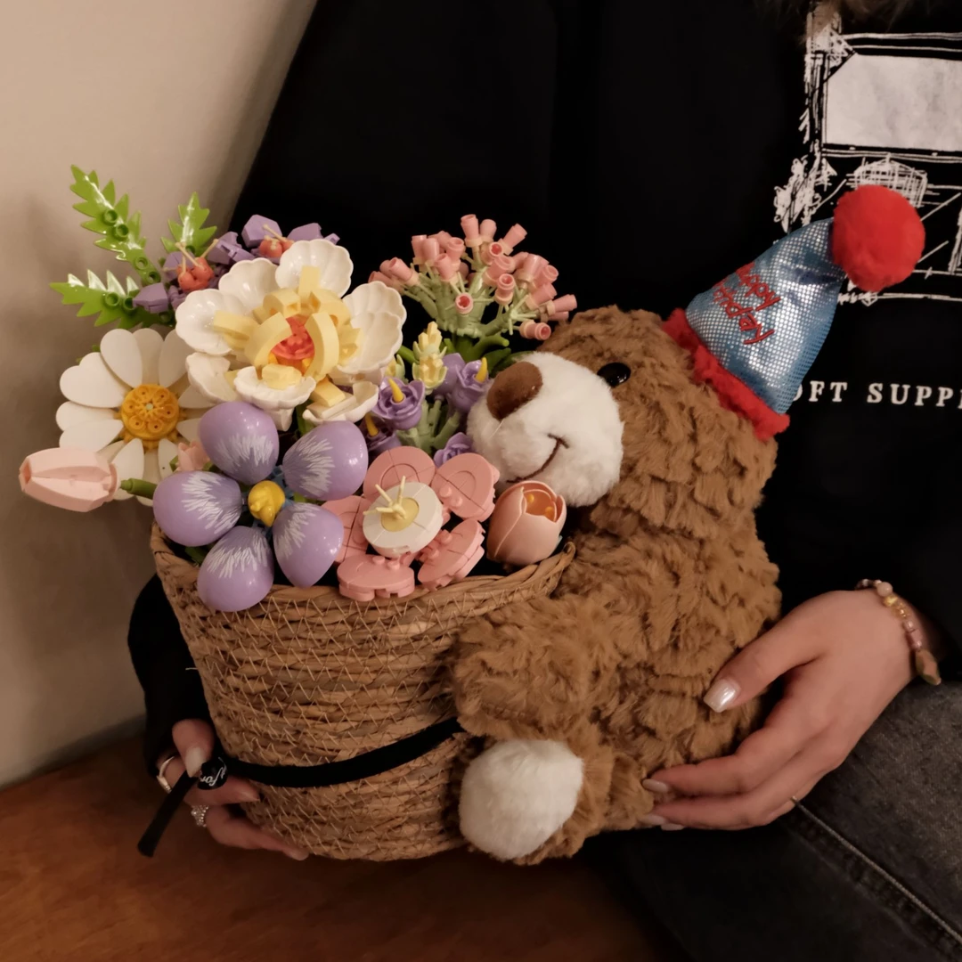 积木花手工DIY礼盒益智拼装积木花束送女孩七夕礼物玫瑰永生花盒