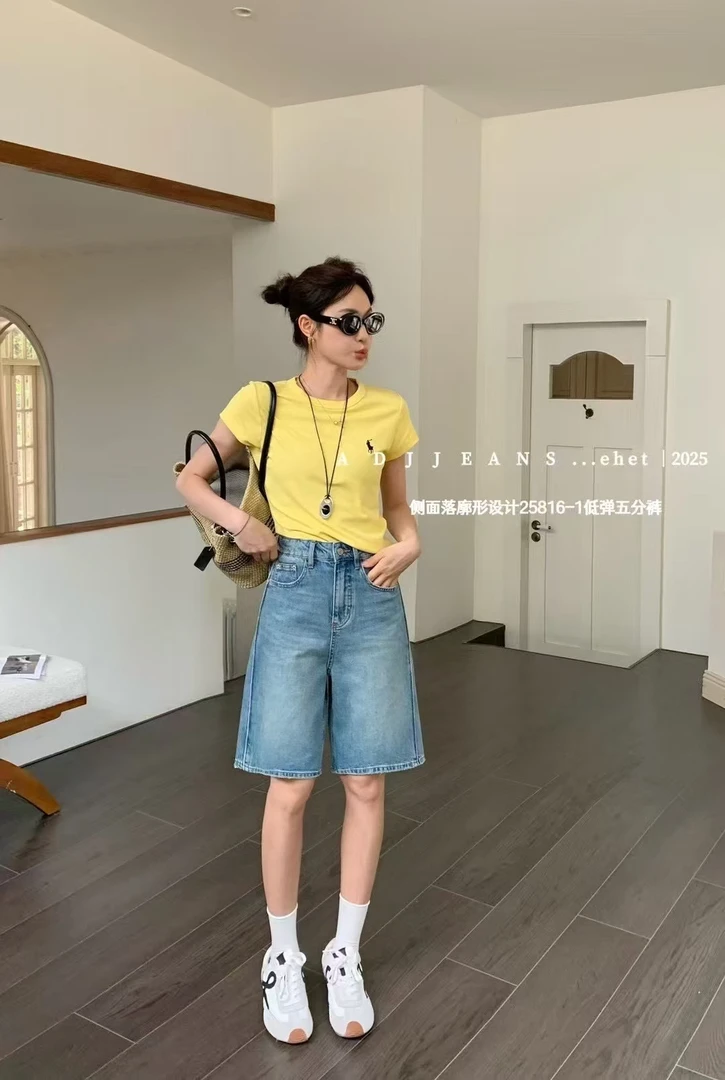 阿丁角品牌直筒牛仔短裤女五分裤怀旧蓝25816-1