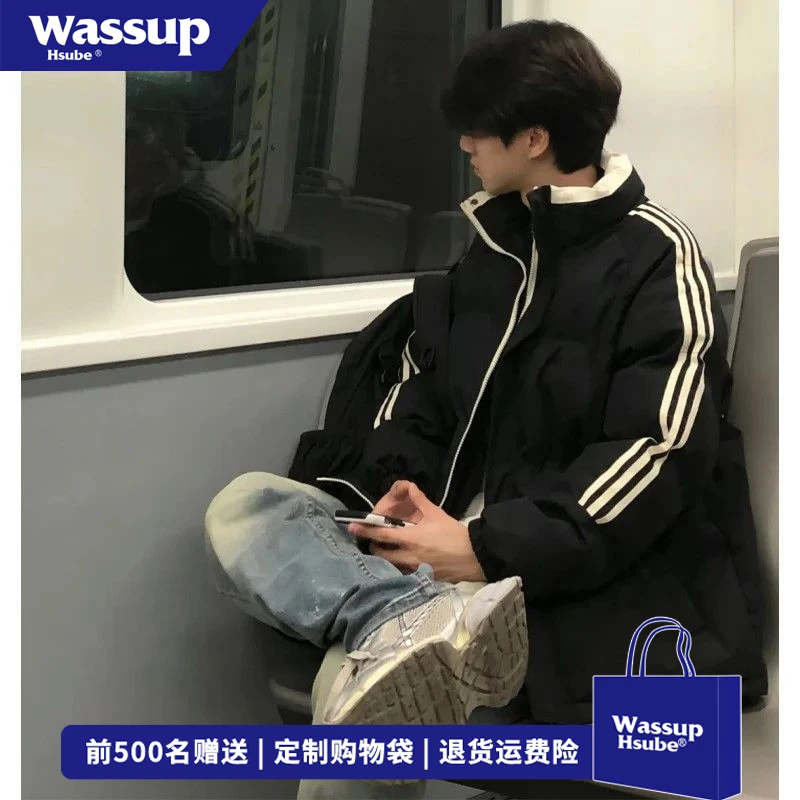 WASSUP HSUBE街头简约基础款保暖面包服男休闲三条杠黑色棉服外套