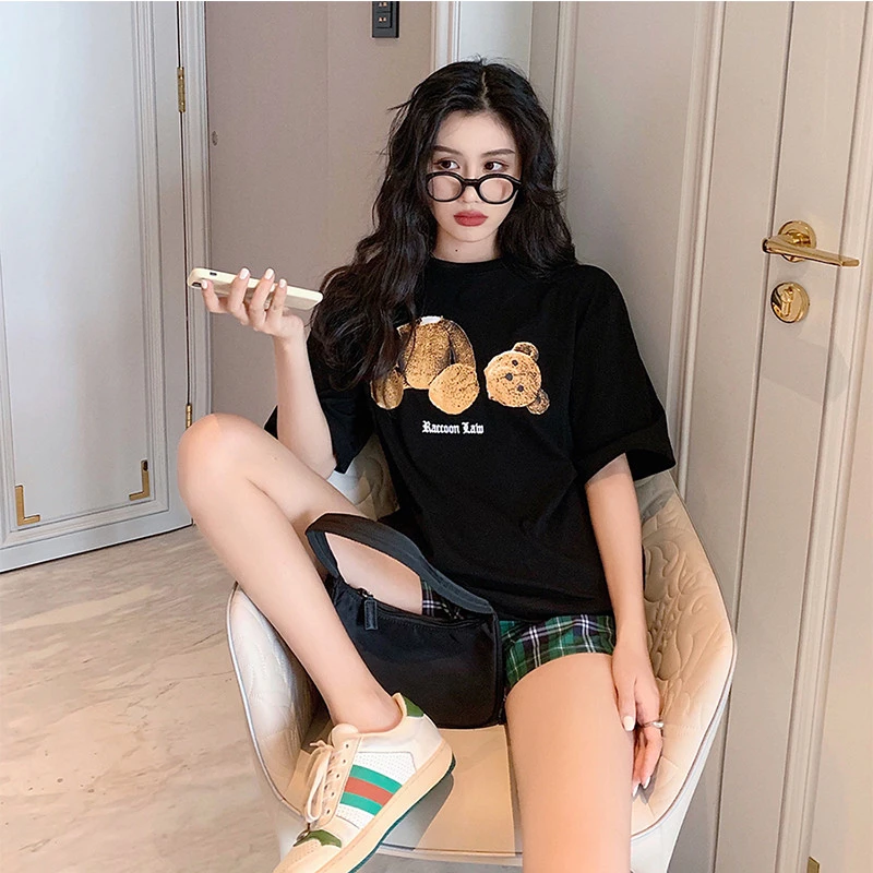 黑色纯女短袖恤女夏小熊印花遮屁股宽松港风大码上衣断头熊大长