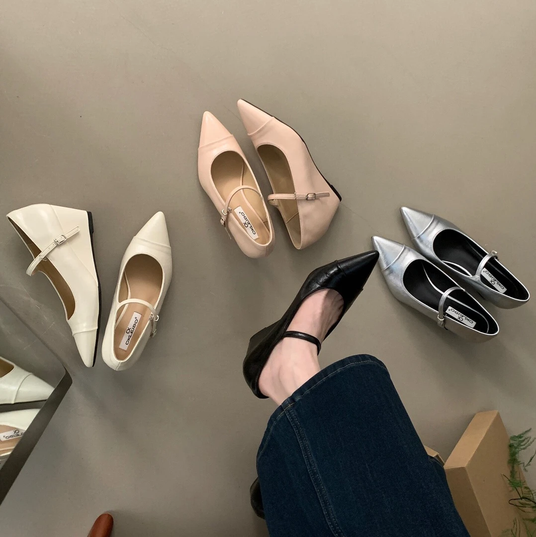 OKLEIBO莱宝家 6CM～小个子坡跟单鞋女尖头浅口玛丽珍小皮鞋