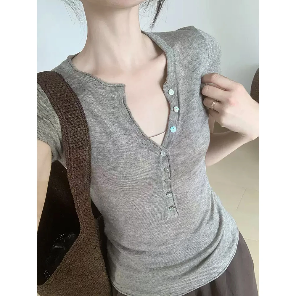 韩版百搭简约亨利半开领针织衫女夏季设计感修身短袖显瘦薄款上衣