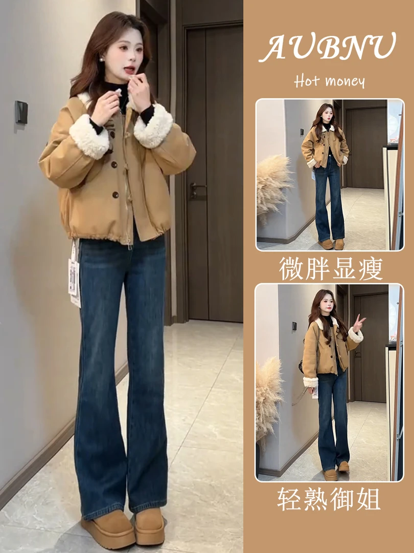 韩系棉服毛翻领外套女秋冬2025新款小个子短款保暖上衣牛仔裤套装