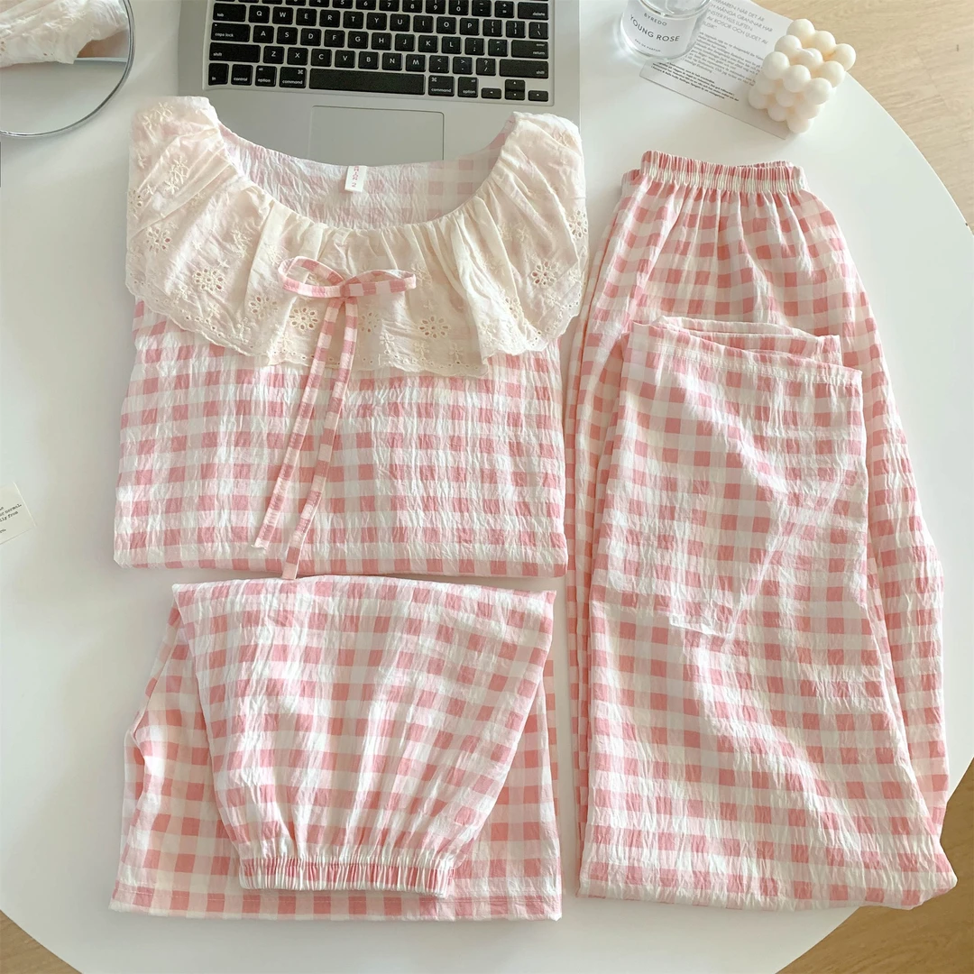 韩版ins甜美睡衣女三件套夏季短袖短裤蕾丝娃娃领宽松家居服套装