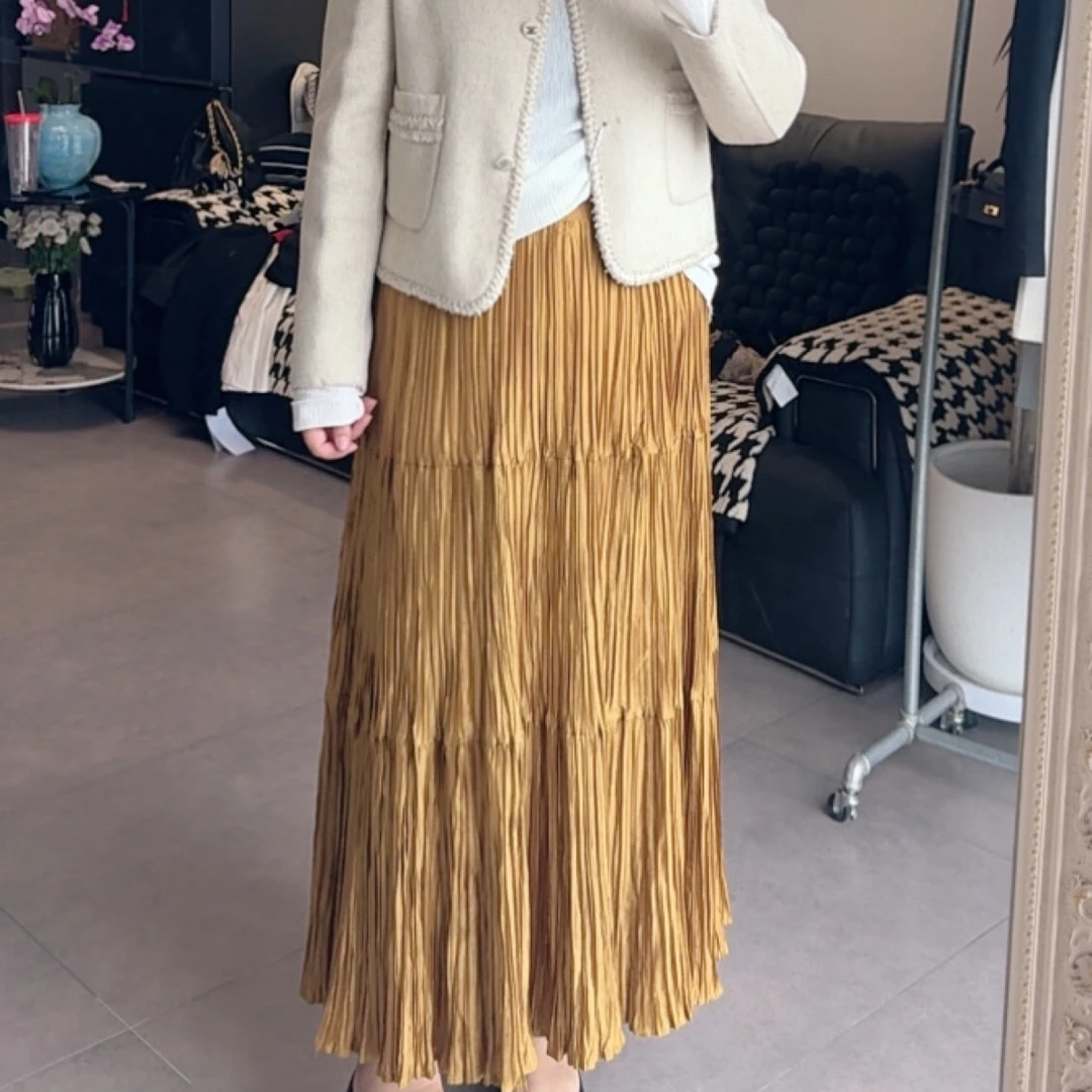 A3078优雅气质褶皱高腰半裙显瘦遮胯