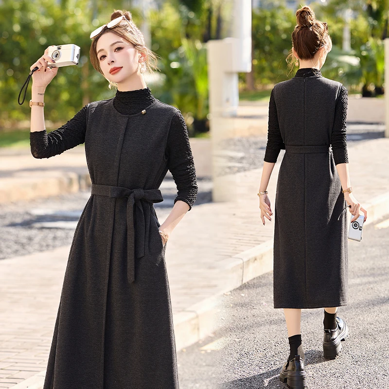 长袖两件套背心加厚连衣裙2025春季新款女配大衣内搭打底系带裙子