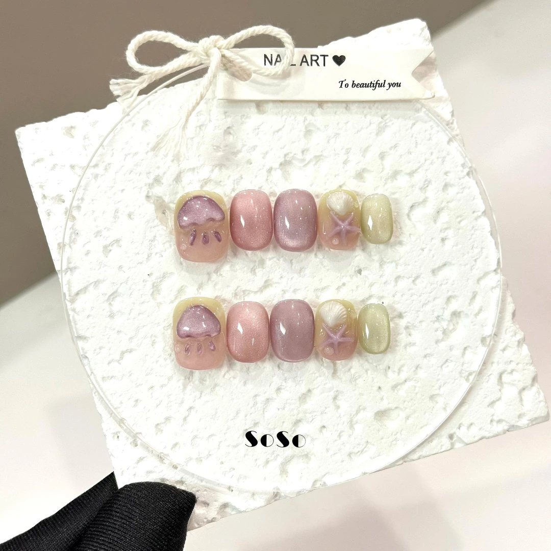 Nice SoSo【梦幻水母】纯手工穿戴甲可爱手绘猫眼渐变冰透捏捏小众