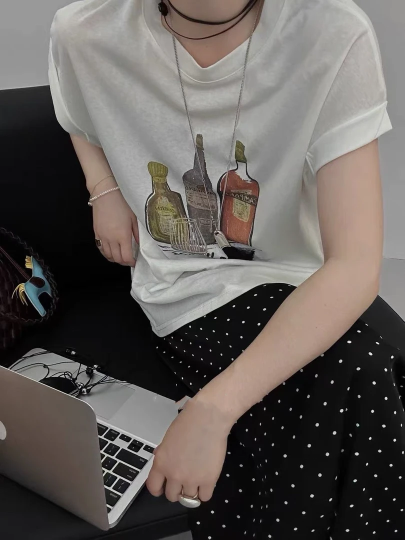 欧洲站 酒瓶子翻袖短袖T恤