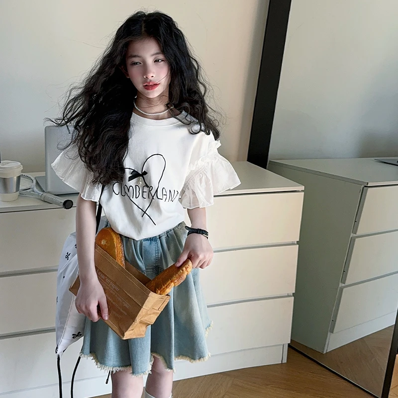女童套装2025新款洋气中大童夏季花边袖短袖牛仔半身裙休闲两件套