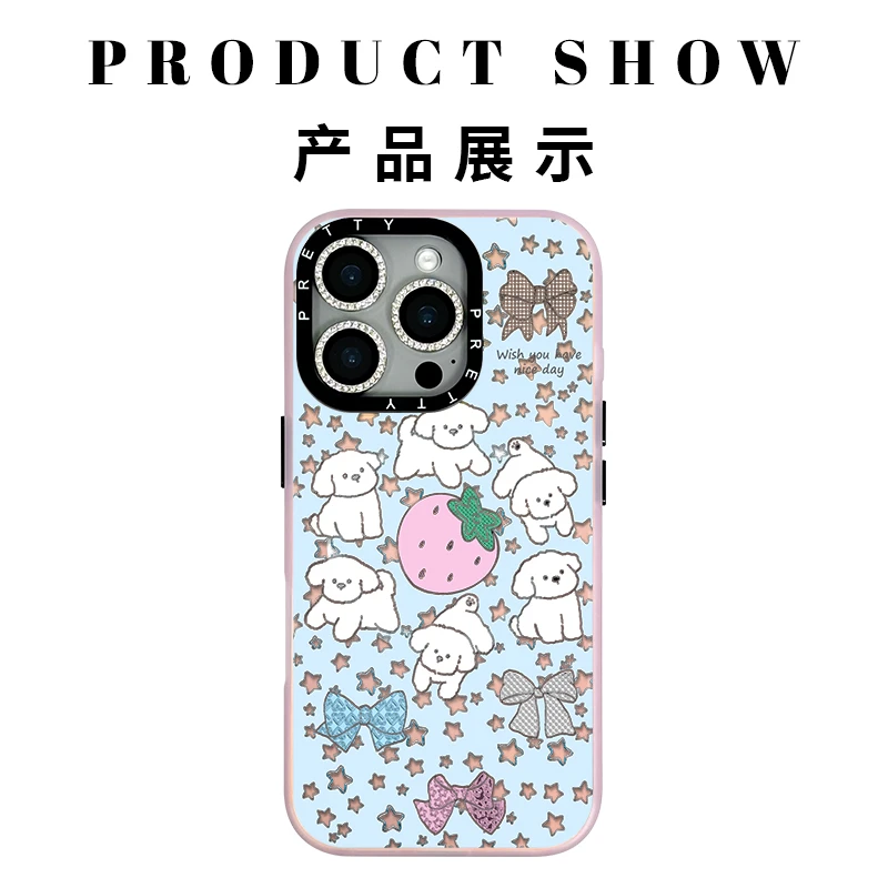 适用苹果iphone16promax 高级鎏金手机壳15/14/13草莓蝴蝶结小狗