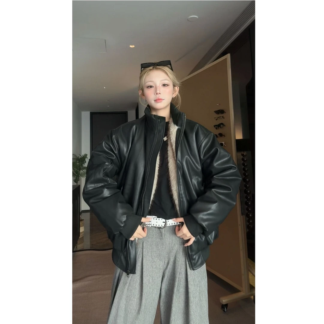 黑色美式设计感座山雕皮衣外套男冬季加绒加厚宽松休闲夹克棉服