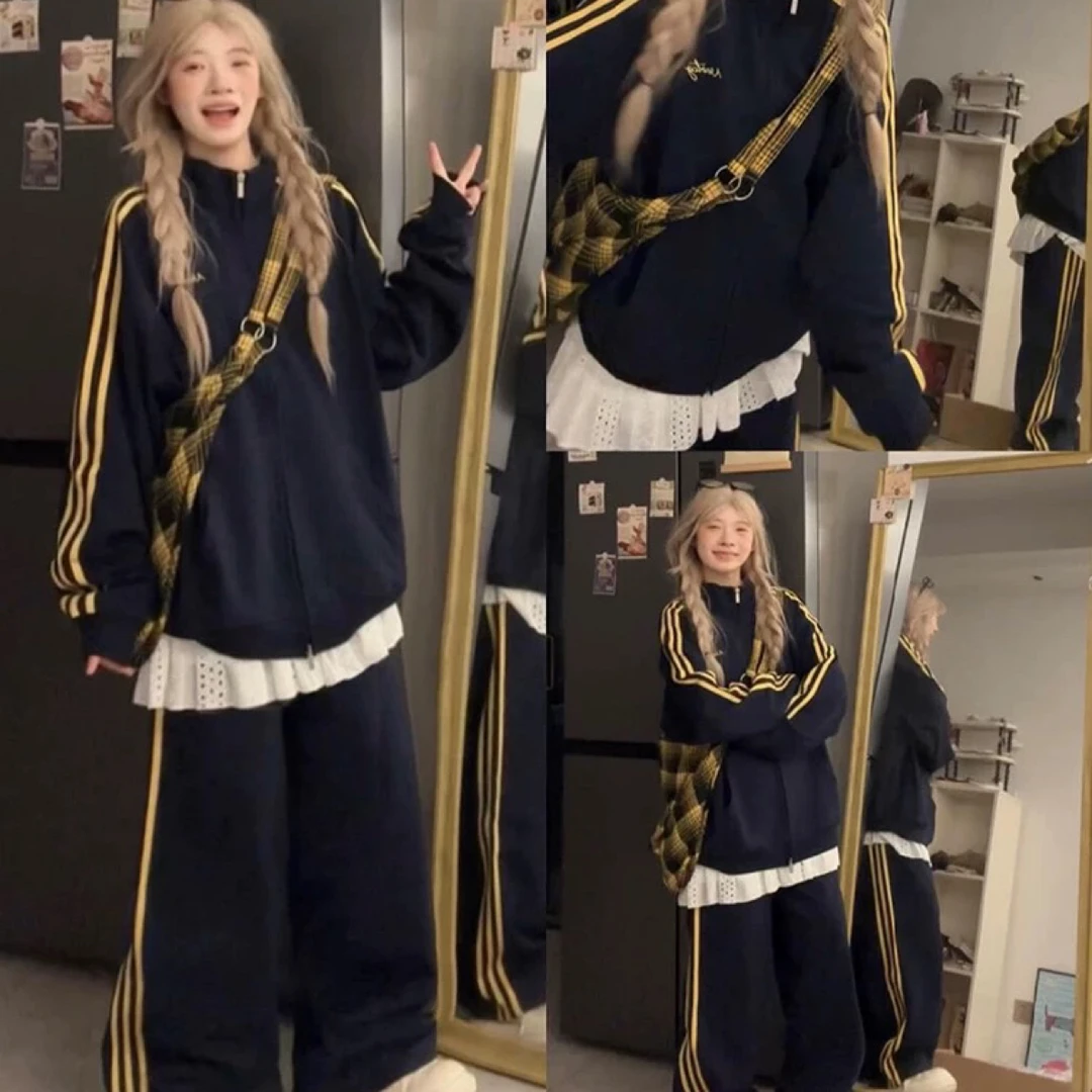 美式复古条纹卫衣女2025秋冬棒球服三条杠外套长裤两件套