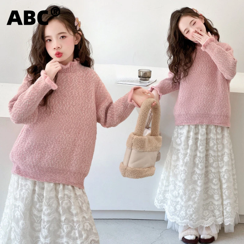 ABC女童秋冬季毛衣加厚2025新款中大童洋气儿童打底半高领保暖针