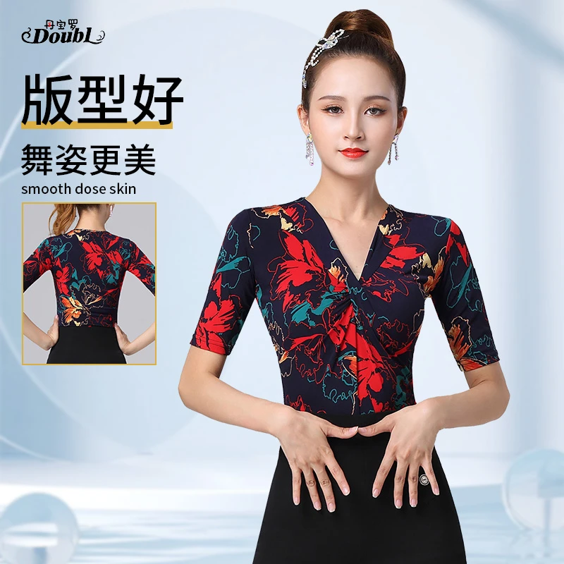 【女中袖交叉V领蓝底红花】丹宝罗拉丁舞上衣交谊舞国标舞服装专卖