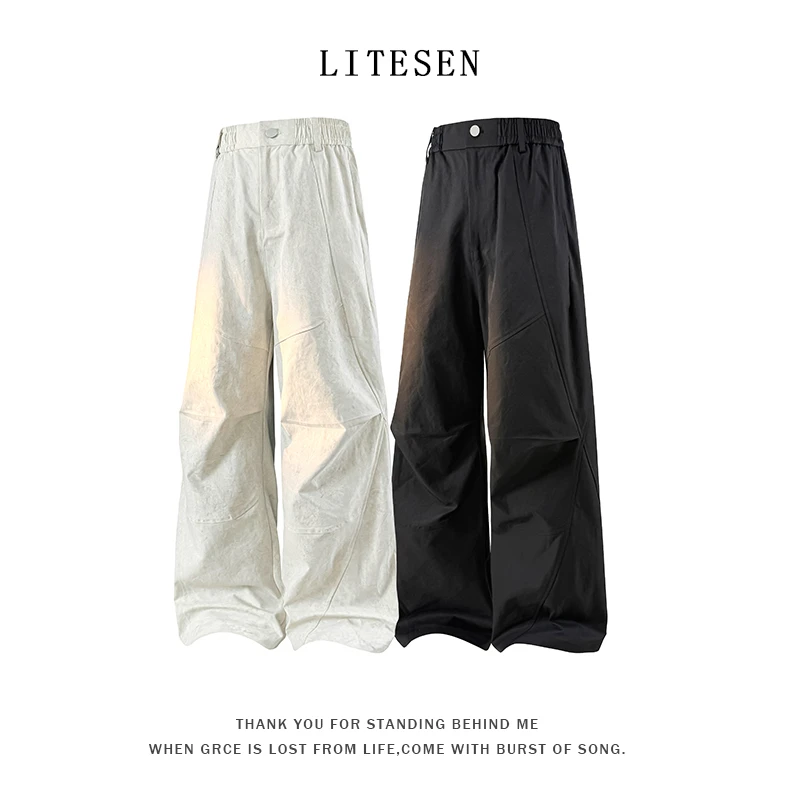 李特森美式扎染大理石纹休闲长裤男褶皱伞兵高街宽松微喇工装裤男