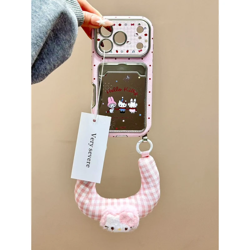 皮纹大视窗粉格三小只镜面腕带适用苹果17promax手机壳16iphone15